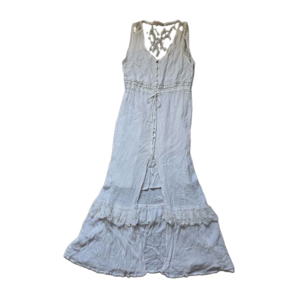 Molly Green White Lace Boho Maxi Dress Sleeveless Button Front Lined Size S EUC